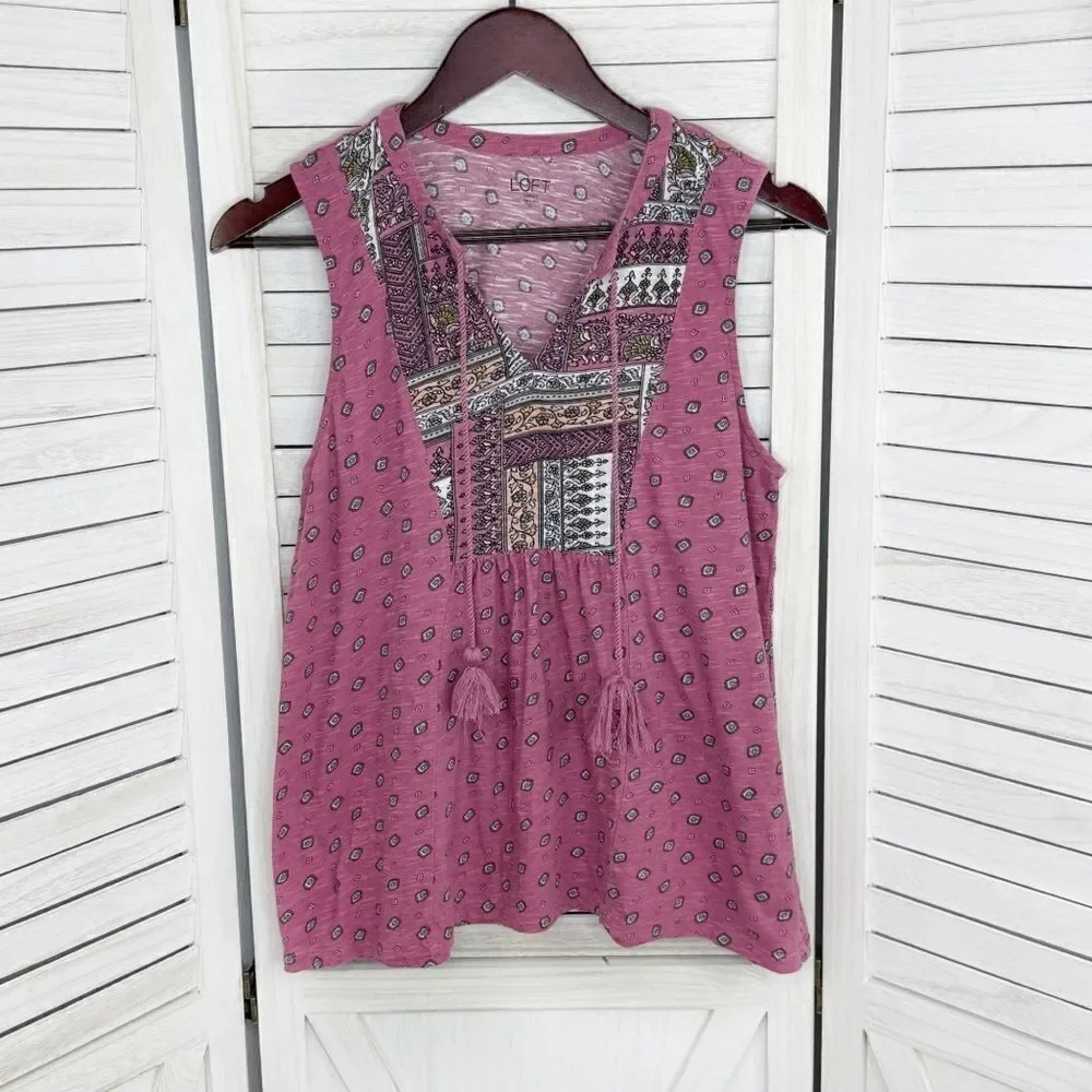 Loft Boho Printed Tassel Neck‎ Sleeveless Tank Top Shirt Pink XS